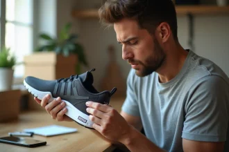 Homme examinant attentivement le code UPC sur l'étiquette d'une sneaker Nike pour en vérifier l'authenticité