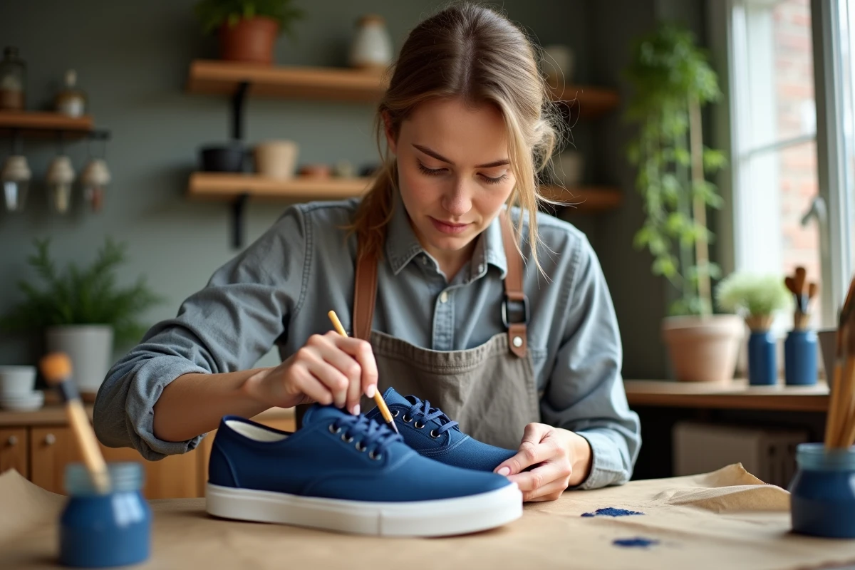 Femme appliquant un vernis protecteur sur des chaussures peintes en bleu avec un pinceau