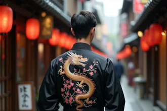 Homme portant une veste souvenir japonaise noire brodée de dragons et fleurs de cerisier dans une ruelle traditionnelle de Tokyo