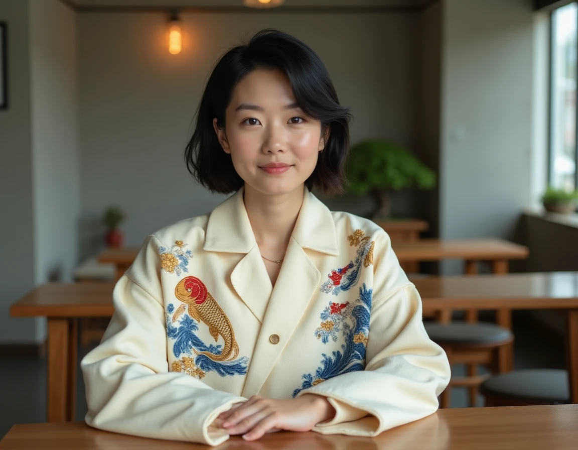 Femme en veste souvenir japonaise crème brodée de carpes koï assise dans un café minimaliste japonais