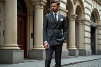 Homme en costume années 30 double boutonnage rayé avec chaussures Oxford bicolores devant un immeuble Art Déco