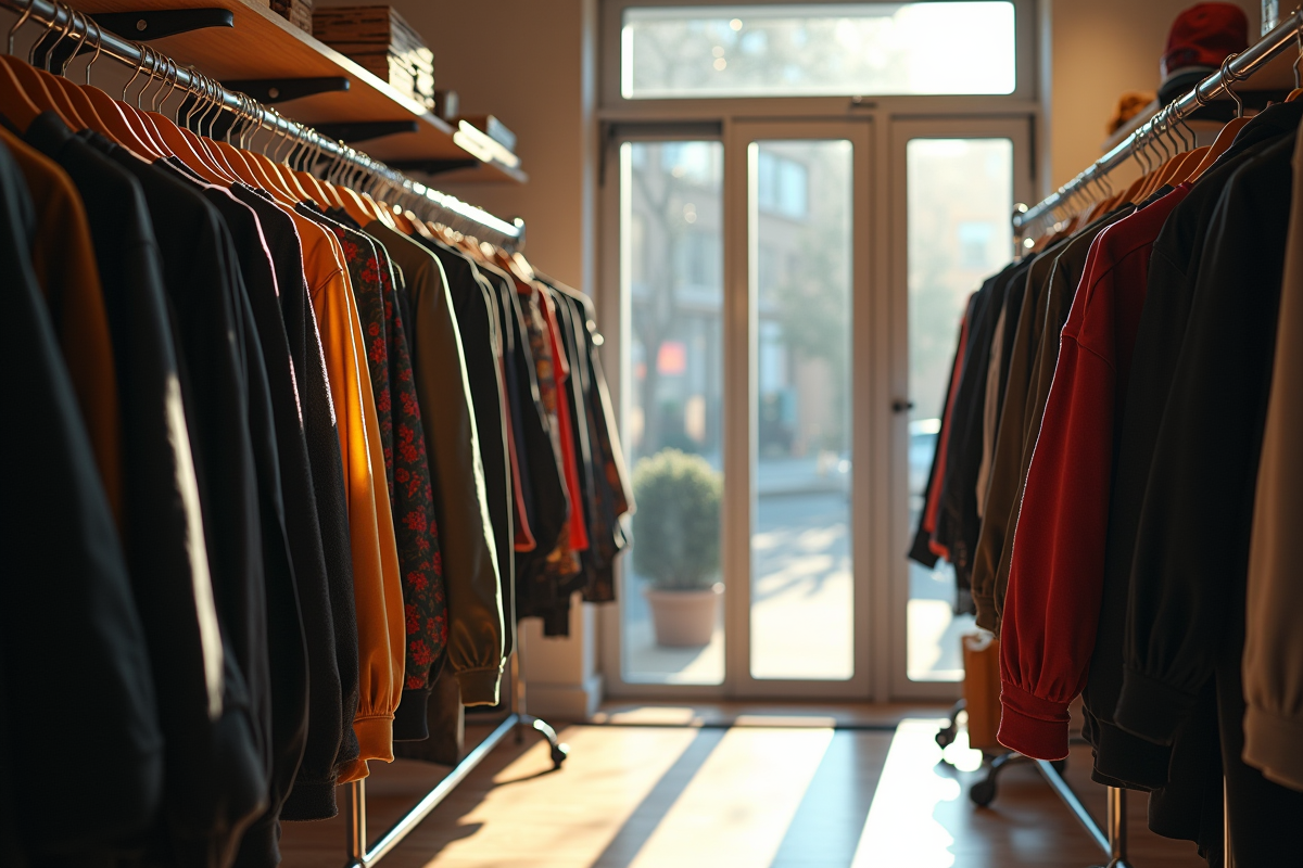 Vitrine de vêtements streetwear dans une boutique minimaliste