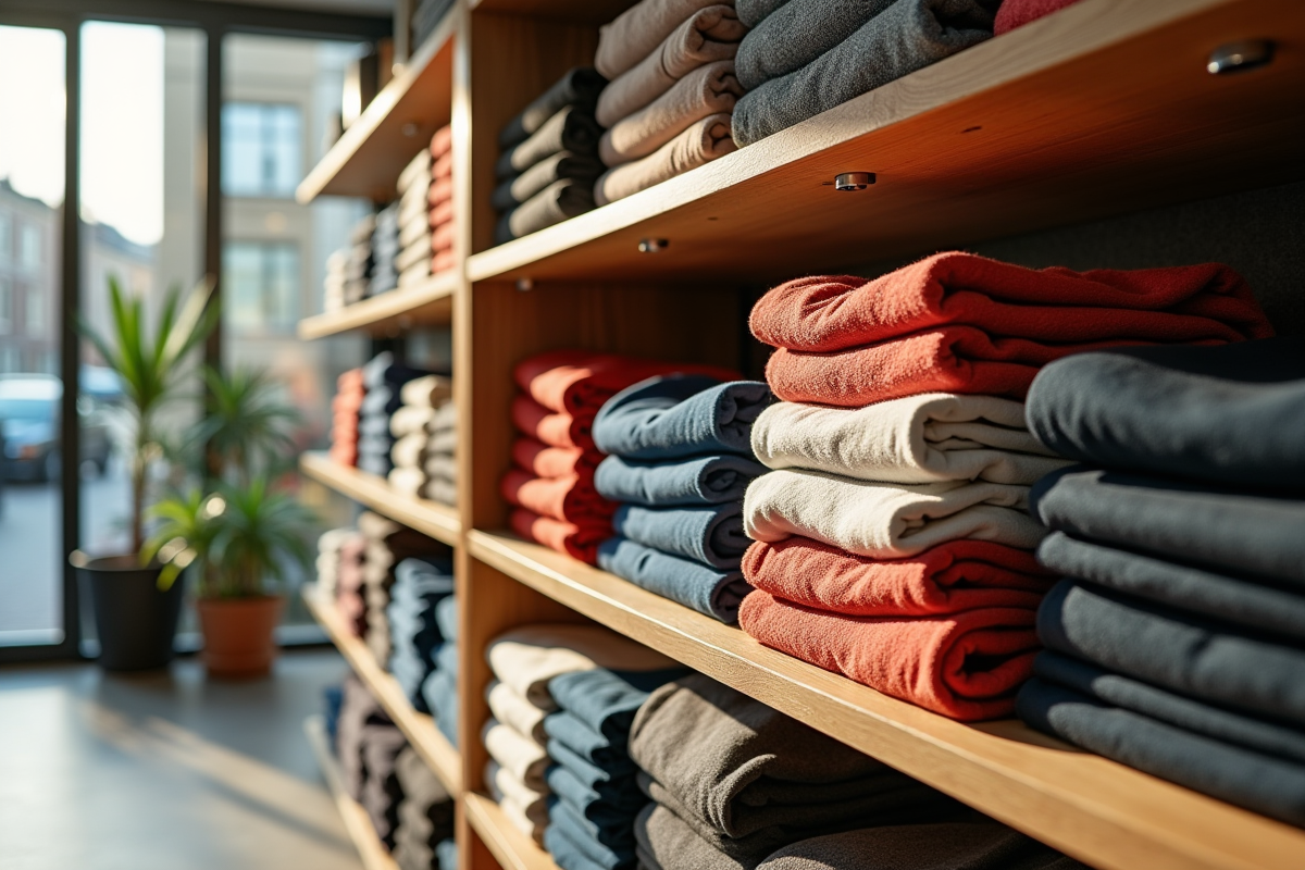 Piles de vêtements de marque pliés dans une boutique moderne