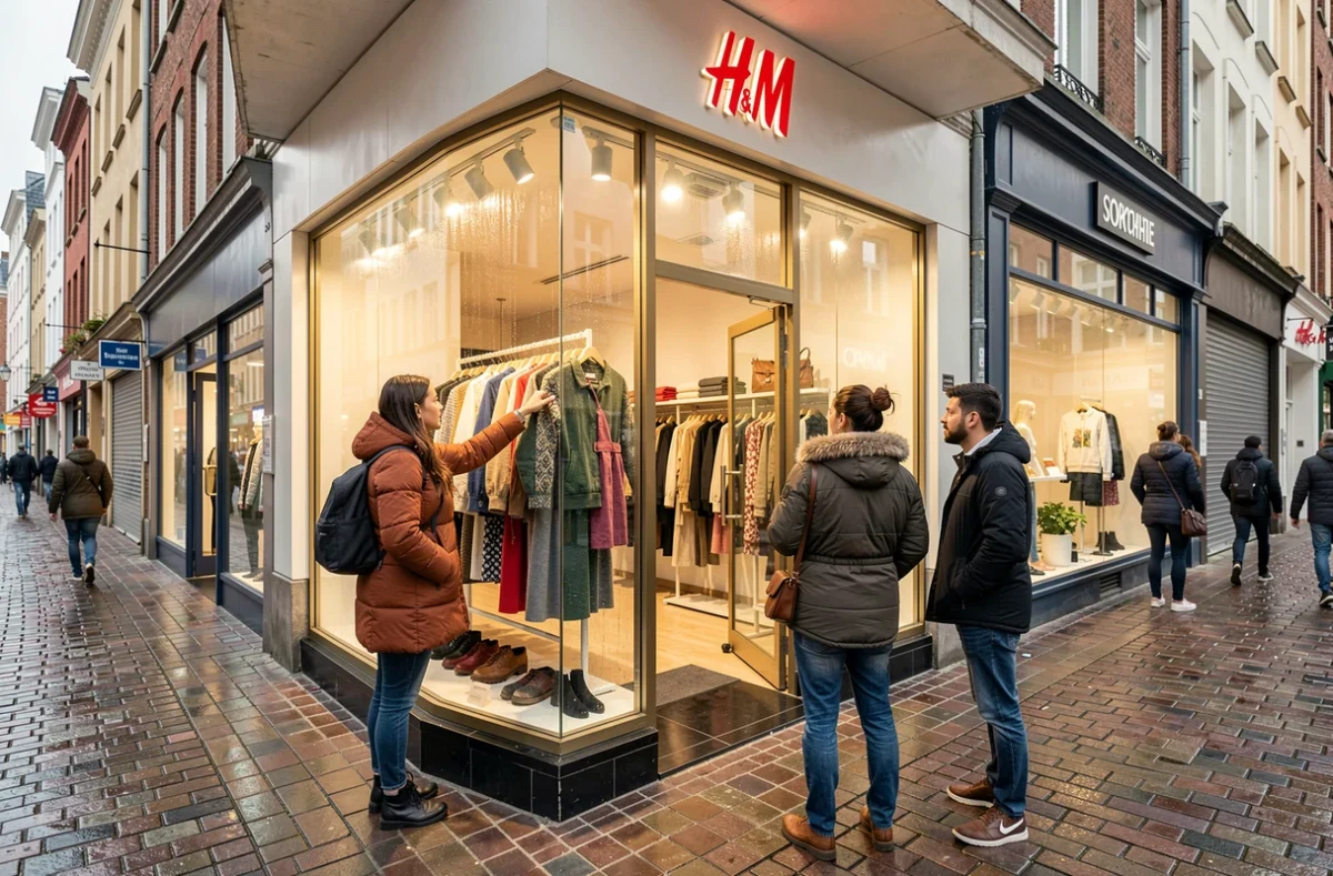 Clients devant une vitrine H&M animée dans une rue commerçante européenne, contrastant avec des boutiques de mode fermées en arrière-plan en 2026