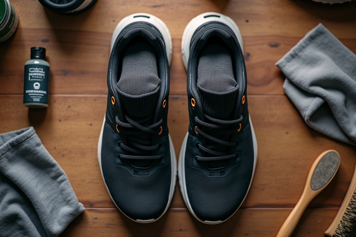 Vue de dessus d'une paire de chaussures de sport noires en cours d'élargissement avec embauchoir et chaussettes sur table en bois