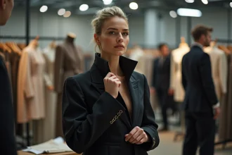 Femme en tailleur avantgarde lors d'un d&eacute;fil&eacute; de mode